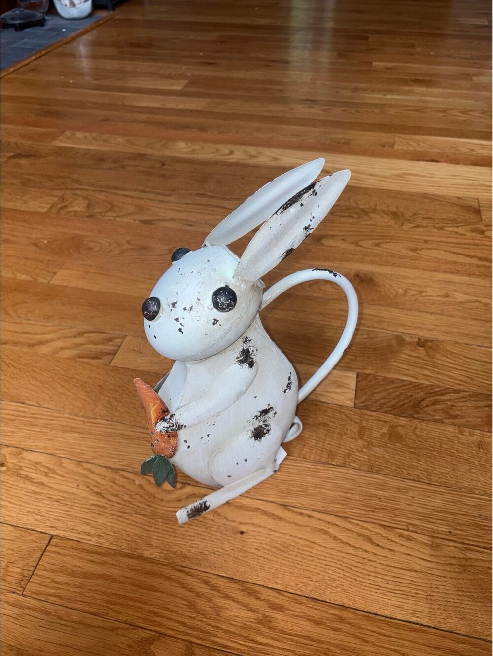 Vintage Shabby w/can Distressed White Metal Bunny Figurine with Carrot & Handle